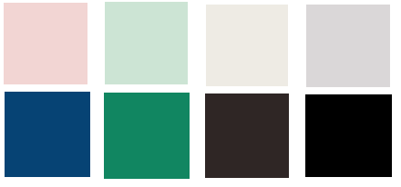 Palette colore Japandi: rosa, verde menta, verde smeraldo, beije, blu indaco, nero e grigio