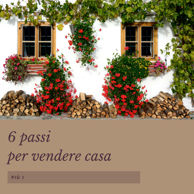Facciata di una casa con 2 finestre, legna accatastata e geranei rossi