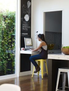 Angolo ufficio ricavato nell'angolo tra due porte con fondo colorato a lavagna