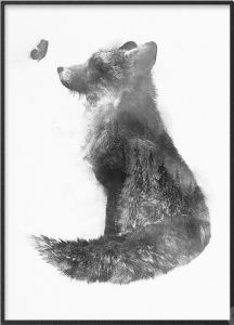 Poster bianco e nero con volpe e foresta sovrapposte