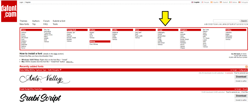 Screenshot dell'home page di dafont.com
