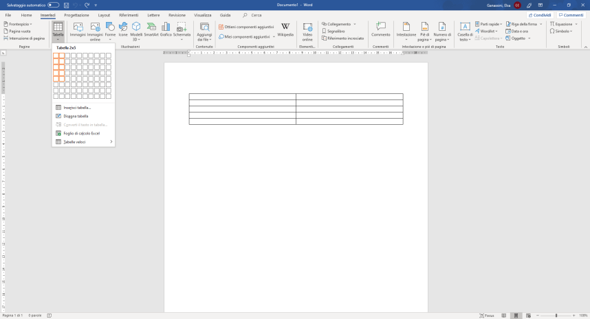 Creazione tabella con 2 colonne e 5 righe