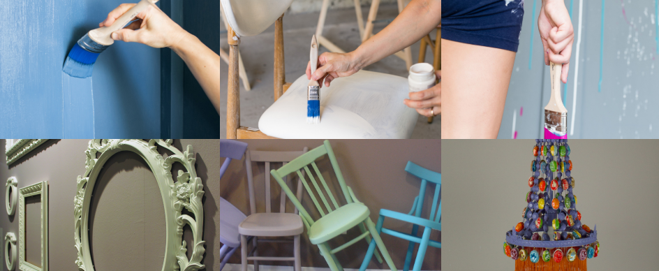 Mosaico di foto che mostra la versatilità dei colori fleur per dipingere qualsiasi superficie e materiale