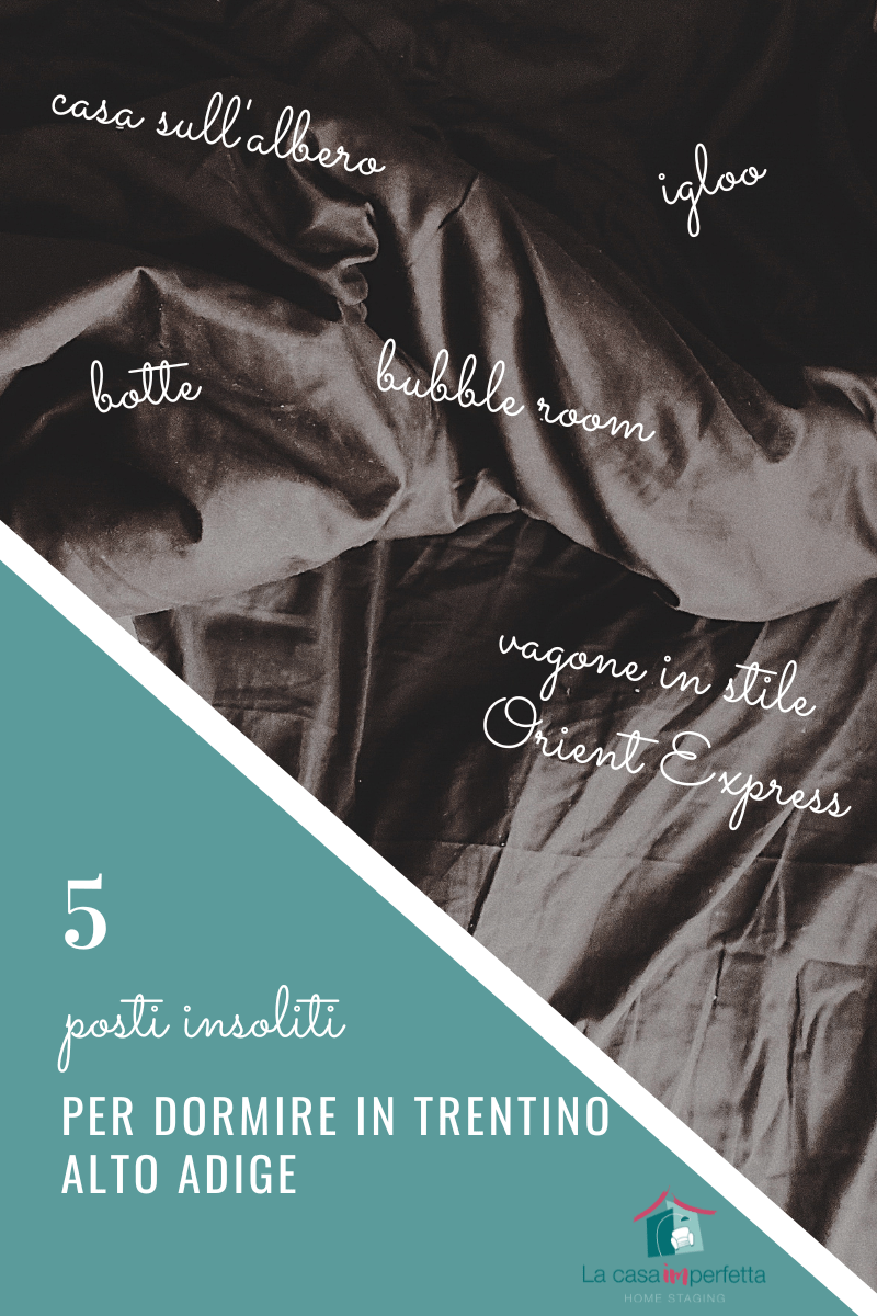 Immagine di un lenzuola nere con le parole delle 5 soluzioni insolite: casa sull'albero, igloo, botte, bubble room e vagone in stile Orient Express